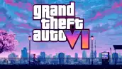 Logotipo de GTA VI sobre una ilustración urbana en tonos azules y rosas, con un ciclista y edificios al fondo.