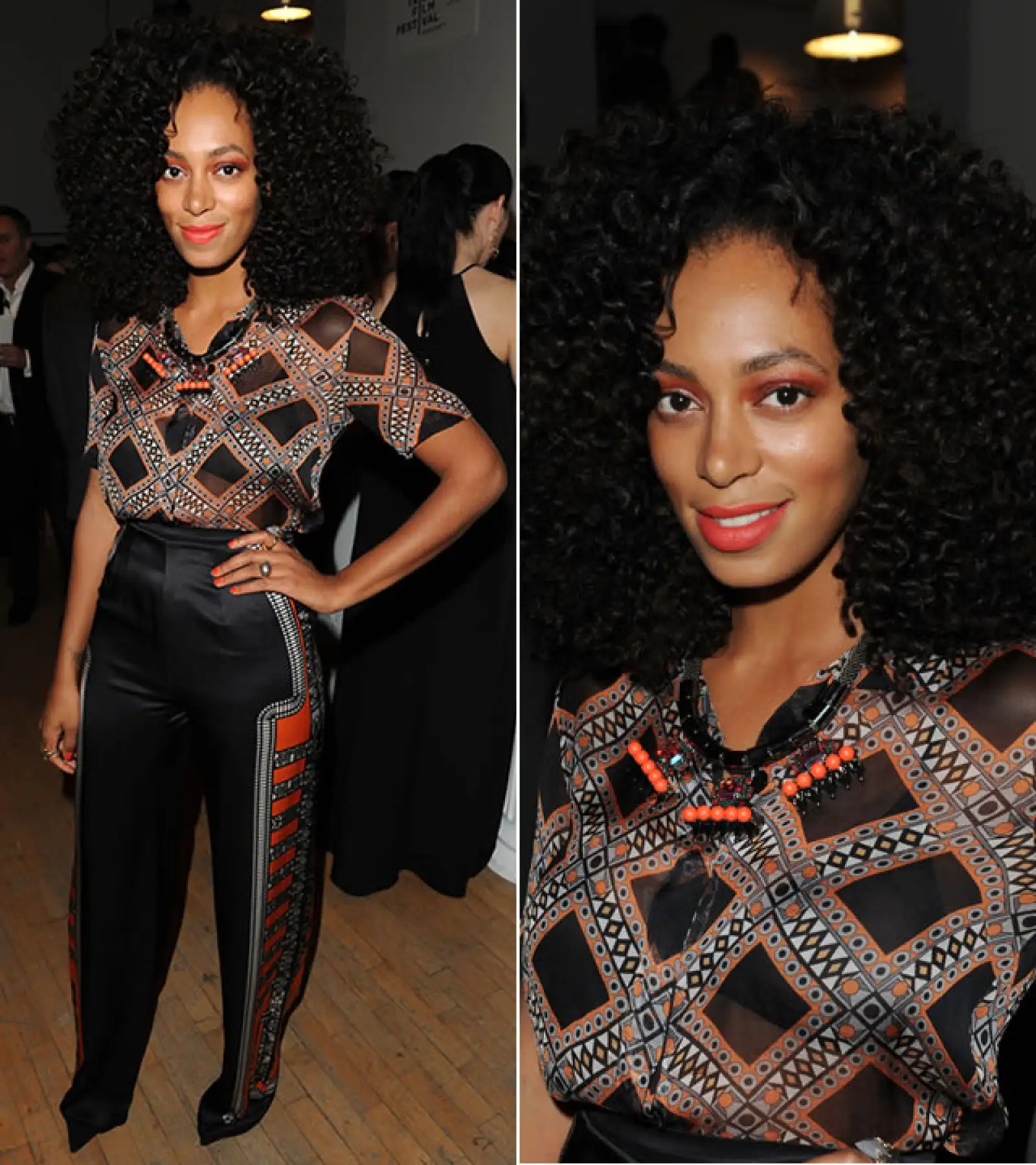Tribeca Ball 2012: La cantante llegó al evento con unos pantalones a la cintura y una blusa estampada. Llevó el pelo en afro, labios naranjas y sombras naranjas también.