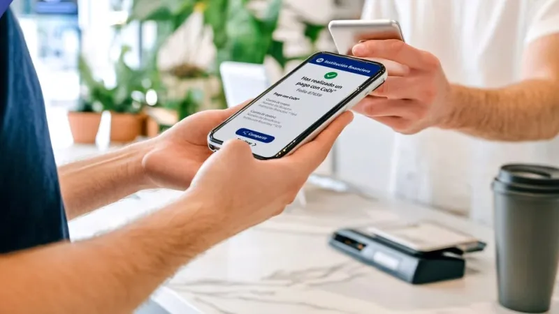 Una persona realiza desde su teléfono móvil un un pago con CoDi, plataforma digital desarrollada por el Banco de México