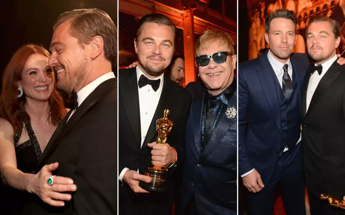 En la after-party de los Oscar, Leonardo recibió más muestras de cariño de celebs como Julianne Moore Ben Affleck y Elton John