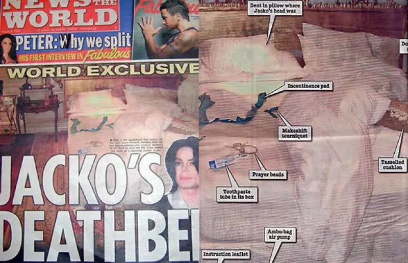El diario británico News of the World publicó una fotografía de la cama en donde murió el Rey del Pop, en la imagen se pueden ver los instrumentos con los que intentaron salvarle la vida.