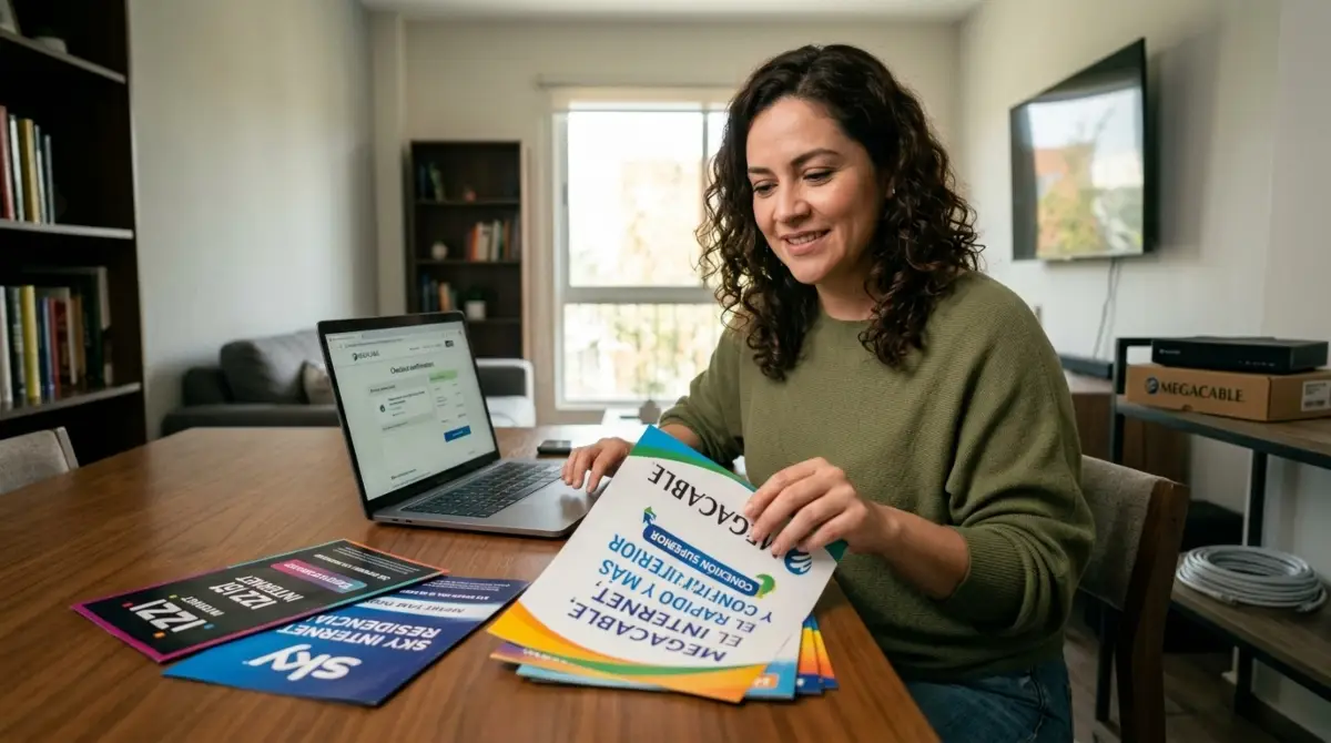 Una mujer sentada en una mesa, en la que tiene una laptop y folletos de internet fijo de Megacable, Izzi y Sky. 
