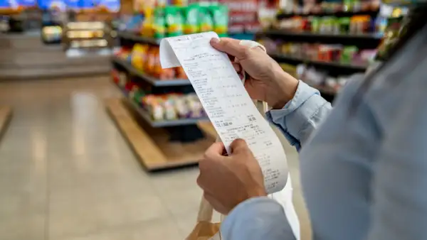 Imagen de mujer viendo y revisando su ticket de compra en un supermercado 