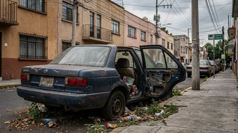 Tsuru abandonado en las calles de la Ciudad de México. Lois vehículos que acumulan basura y residuos tóxicos para la comunidad pueden ser reportados ante las alcaldías para retirarlos.
