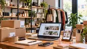 Espacio de trabajo de un pequeño comercio con cajas de cartón, materiales de embalaje y estantes con productos. Sobre una mesa hay una computadora portátil y un teléfono celular que muestran catálogos de productos en línea, junto a una libreta y otros artículos de oficina.