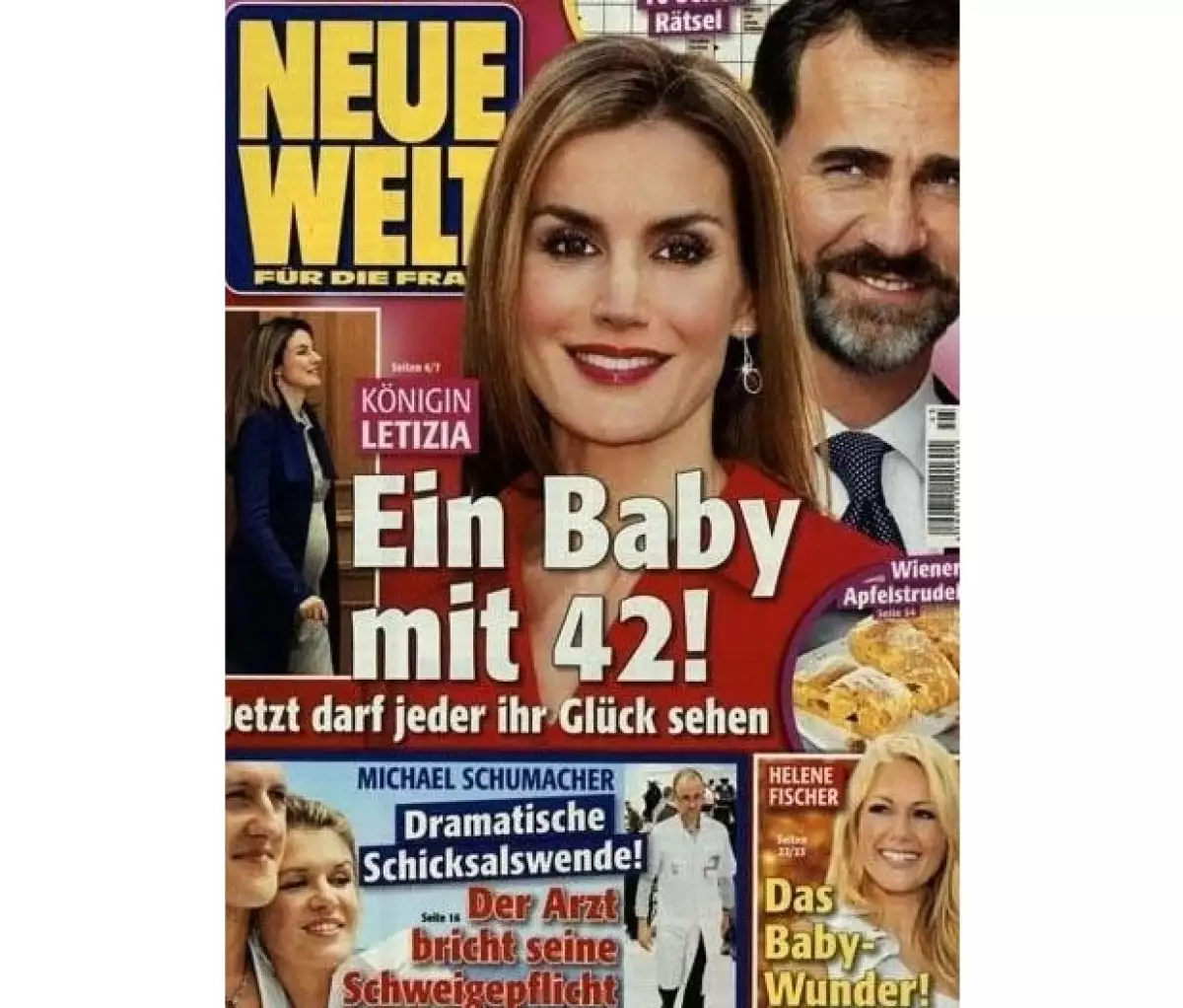 La revista Neue Welt señala en su portada que la reina de España espera su tercer hijo a los 42 años, y que el nuevo miembro de la familia llegará al mundo en abril.