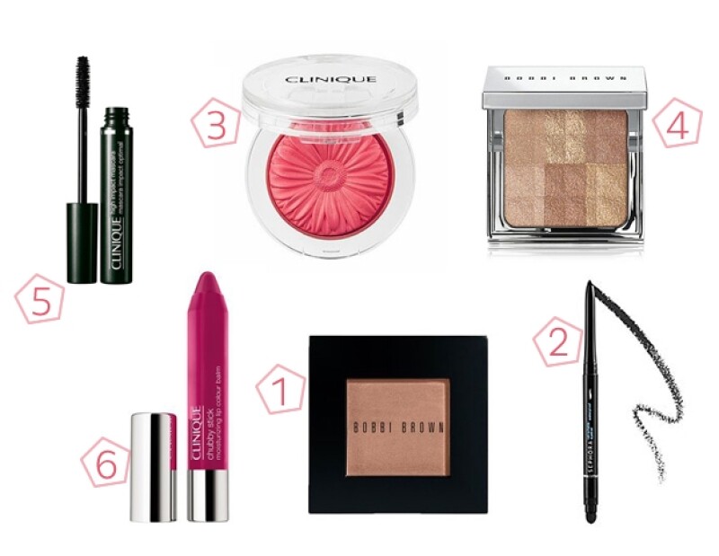 1. Bobbi Brown Bronzer Powder 2. Waterproof Eyeliner de SEPHORA Collection 3. Cheek Pop Blush en color melocotón Clinique Spring 4. Bobbi Brown Nude Glow Collection 5. Clinique High Impact Mascara Black 6. Chubby Stick Colour Balm en light burgundy