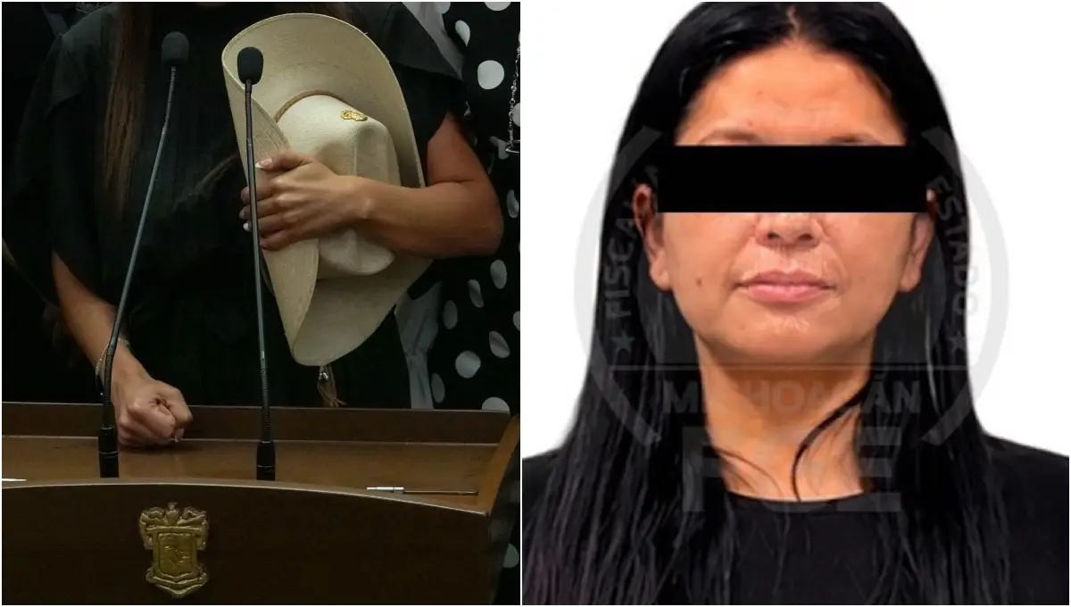 Grecia Quiroz, presidenta municipal de Uruapan Michoacán y esposa de Carlos Manzo sostiene un sombrereo (lado izquierdo). Rosa Alejandra "N", secretaria del Bienestar (lado derecho). 