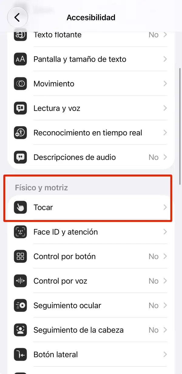 La imagen muestra el menú "tocar" que está en el apartado de accesibilidad del iPhone.