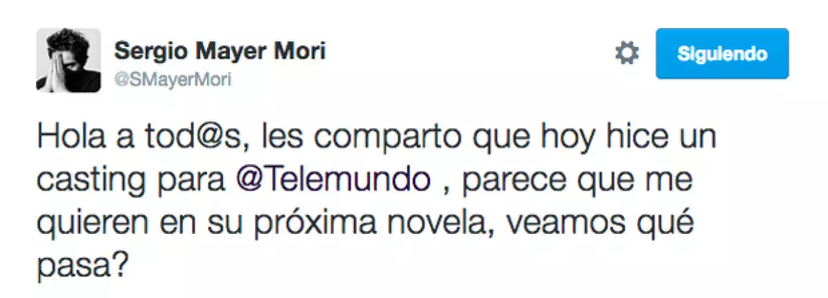 Este es el tuit en el que Sergio Mayer Mori compartió su emoción por actuar.