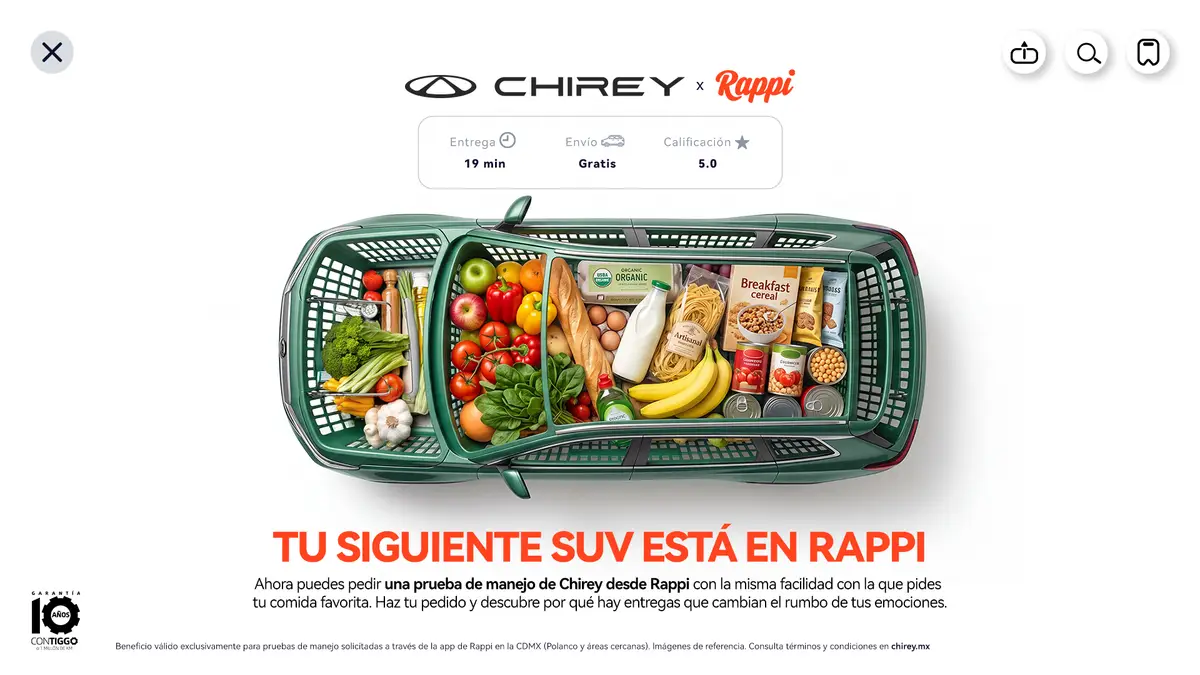 La china Chirey incursiona en alianza con Rappi en donde ofrecerá pruebas de manejo a través de la aplicación.
