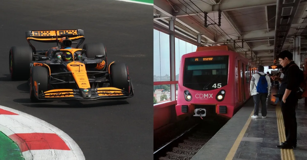 Un auto de Fórmula 1 a la izquierda y un tren llegando en el Metro de la CDMX a la derecha.
