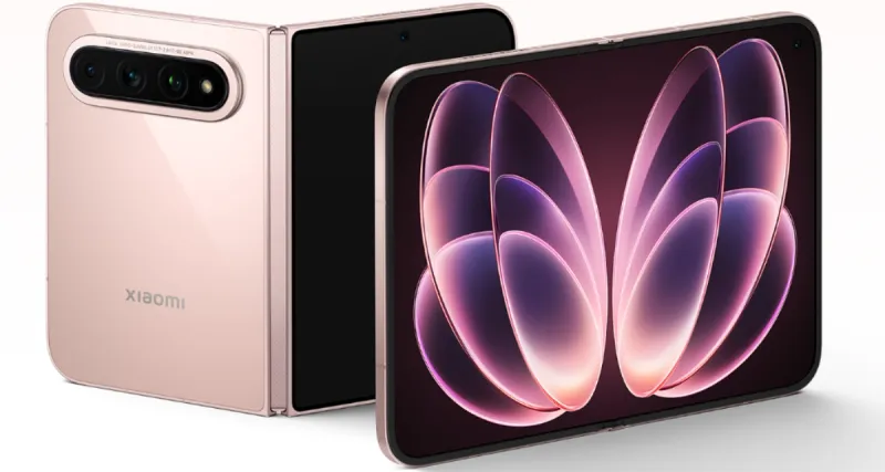 Imagen que muestra el nuevo teléfono plegable de Xiaomi, el Xiaomi 18 Fold, tanto en su forma desplegada, así como con un pequeño doblez.
