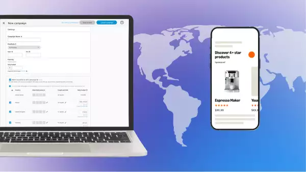 Imagen de una laptop y smartphone con la lnterfaz de Amazon Ads, que muestra herramientas de administración de campañas en varios países.