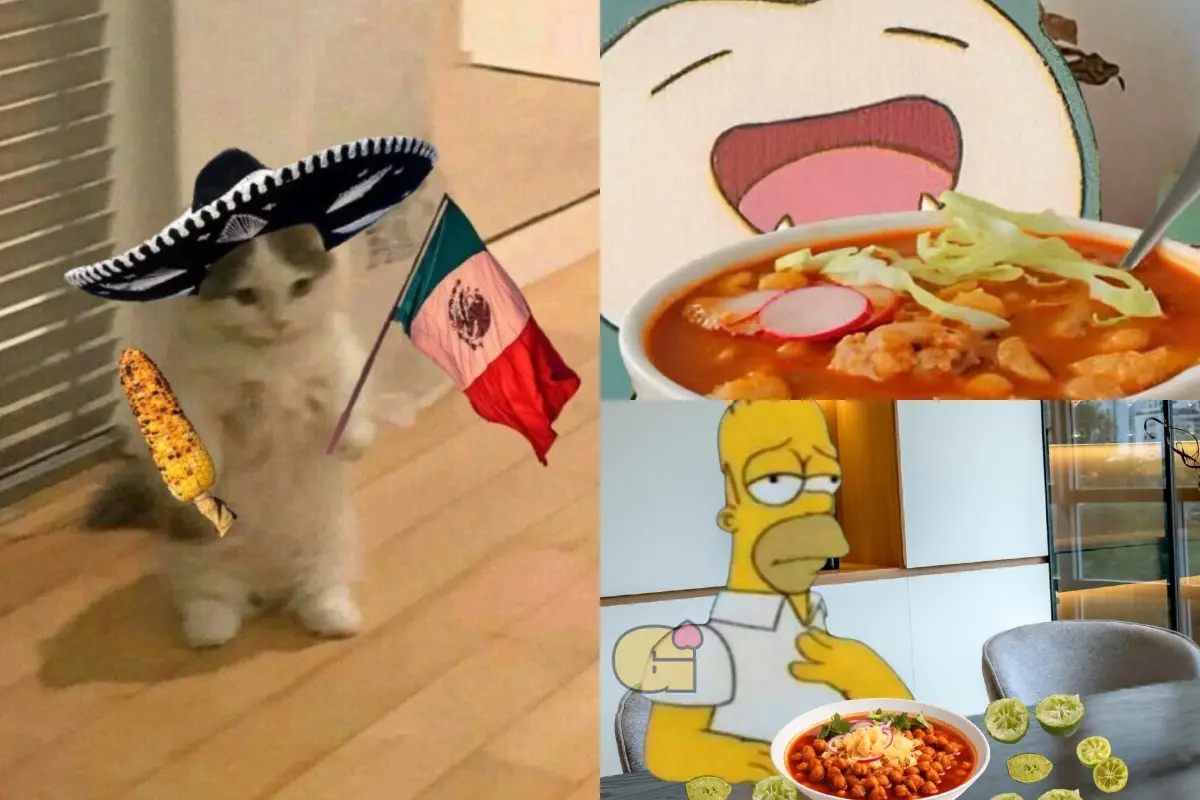 En la imagen, dividida en tres, se observan memes sobre el 15 de septiembre: un gatito con sombrero, a Homero Simpson comiendo pozole y a un Pokemon a punto de echarse también un pozole. 