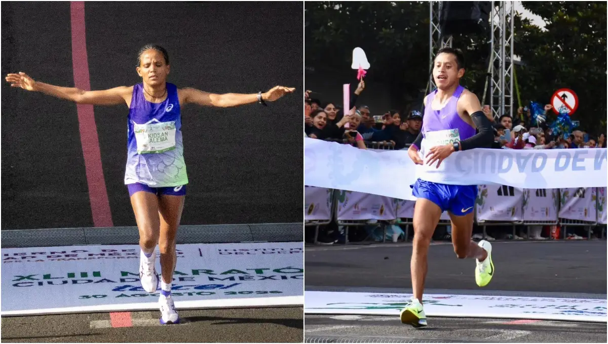El peruano Cristhian Pacheco y la etíope Alemtsehay Asefa Kasegn cruzan la meta de Maratón CDMX 2026. 