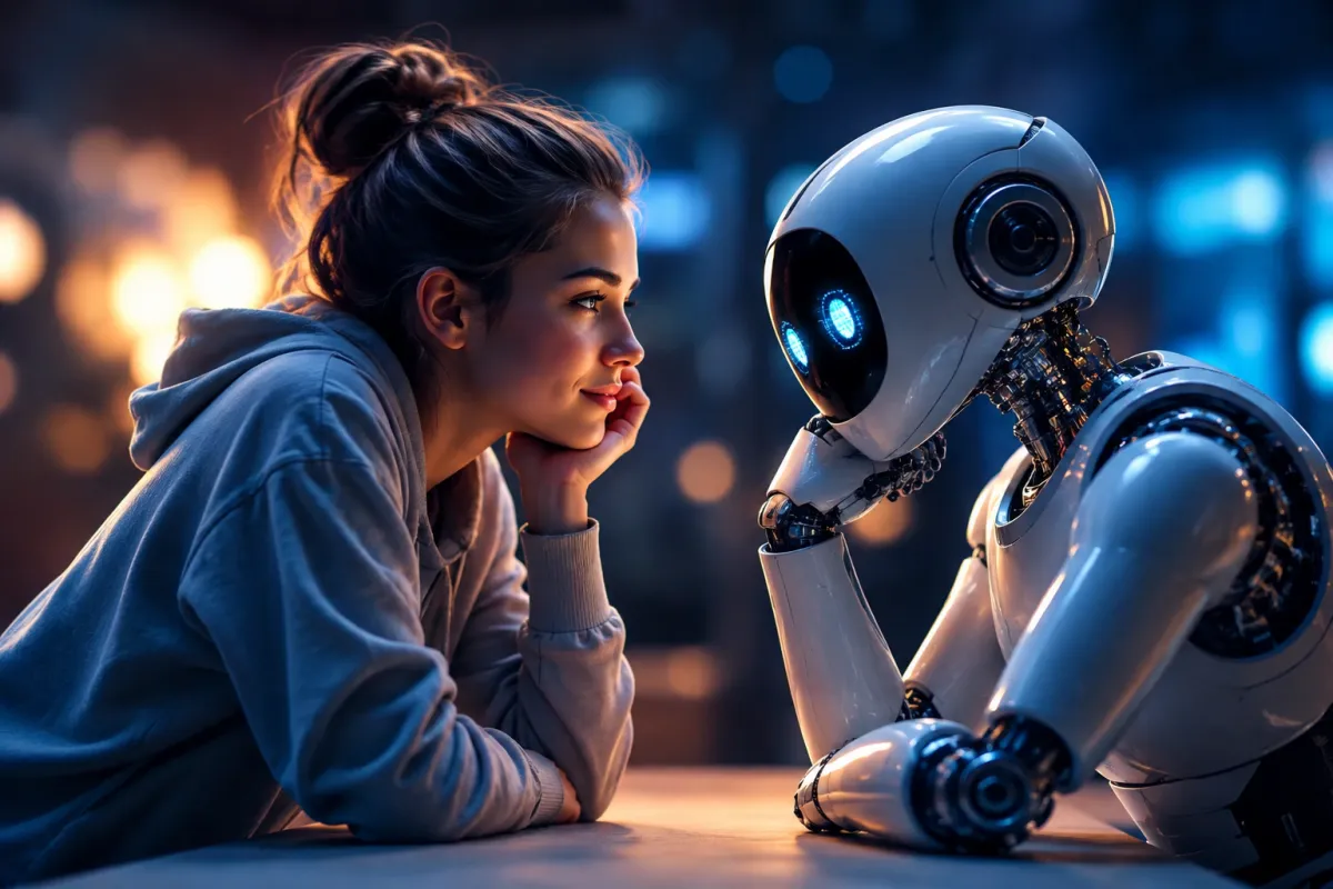 Una mujer conversa frente a frente con un robot humanoide, una representación de una interacción cada vez más cercana entre personas y sistemas de inteligencia artificial.