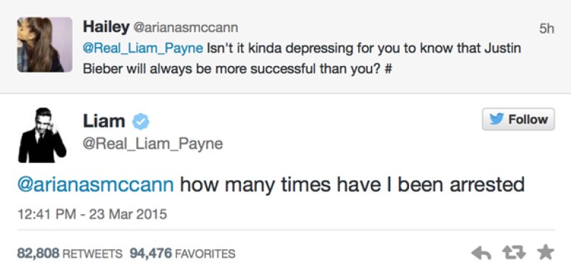 Estos fueron los directos tuits que la cuenta @arianasmccann y Liam Payne intercambiaron en redes sociales.
