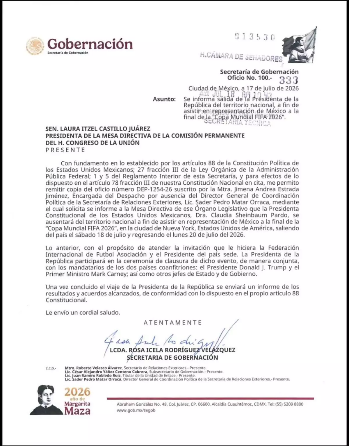 Notificación al Congreso mexicano sobre el viaje de la presidenta Claudia Sheinbaum a EU para acudir a la Final del Mundial 2026.