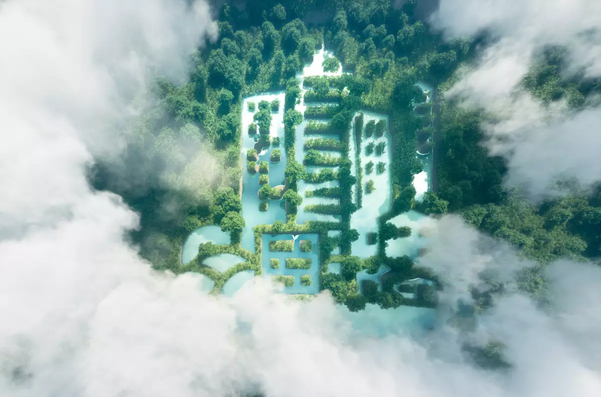 Concept of new green urbanism. Lake in a shape of a city in the middle of pure and fresh rainforest scenery viewed form bird perspective.3d rendering