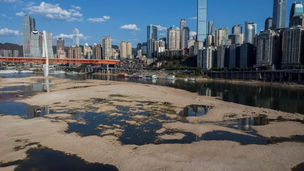 Una vista del puente Qiansimen que corre sobre el lecho parcialmente seco del río Jialing, un afluente del Yangtze, que se acerca a los niveles récord de agua en Chongqing, China.