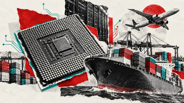 Fotoarte editorial sobre inteligencia artificial y comercio mundial, con un microchip, un buque portacontenedores, grúas, servidores y un avión.
