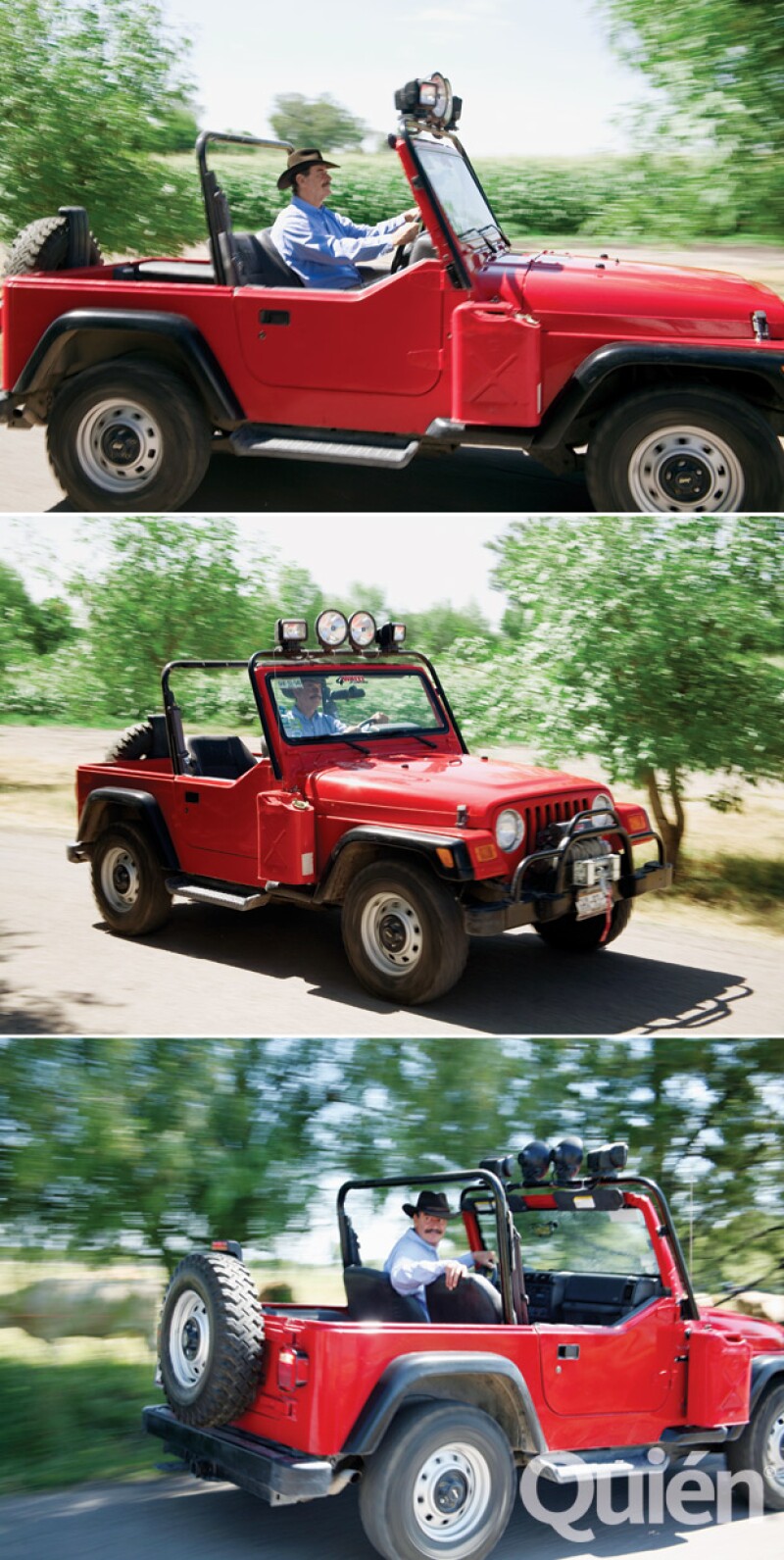 Aquí en su Jeep favorito. También tiene un Hummer en un estacionamiento techado, con capacidad para 15 coches.