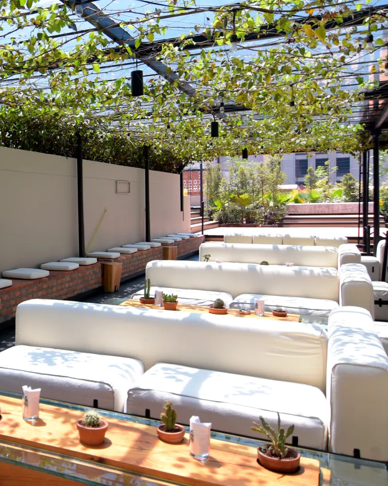 Sillones blancos vacíos en Terraza Hotel Downtown