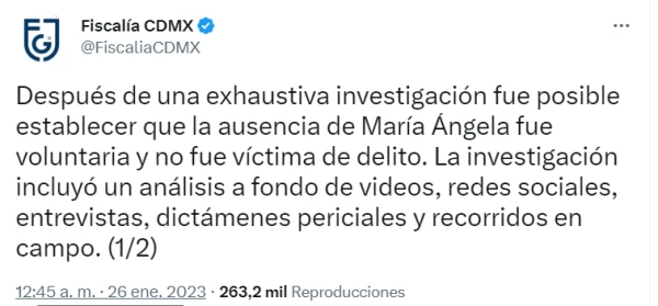 comunicado de la Fiscalía CDMX acerca del caso de María Ángela Holguín