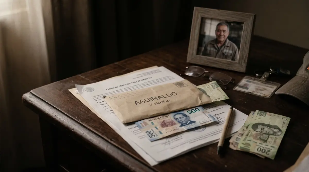 Una mesa de madera en la que hay la fotografía de un hombre en un portarretratos, enfrente  unos documentos y un sobre que dice aguinaldo, junto con billetes de 500 y 200 pesos. 