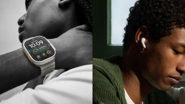 De un lado de la fotografía, una persona utiliza el nuevo Apple Watch Ultra 4 y, del otro lado, otra persona utiliza los nuevos AirPods 5.