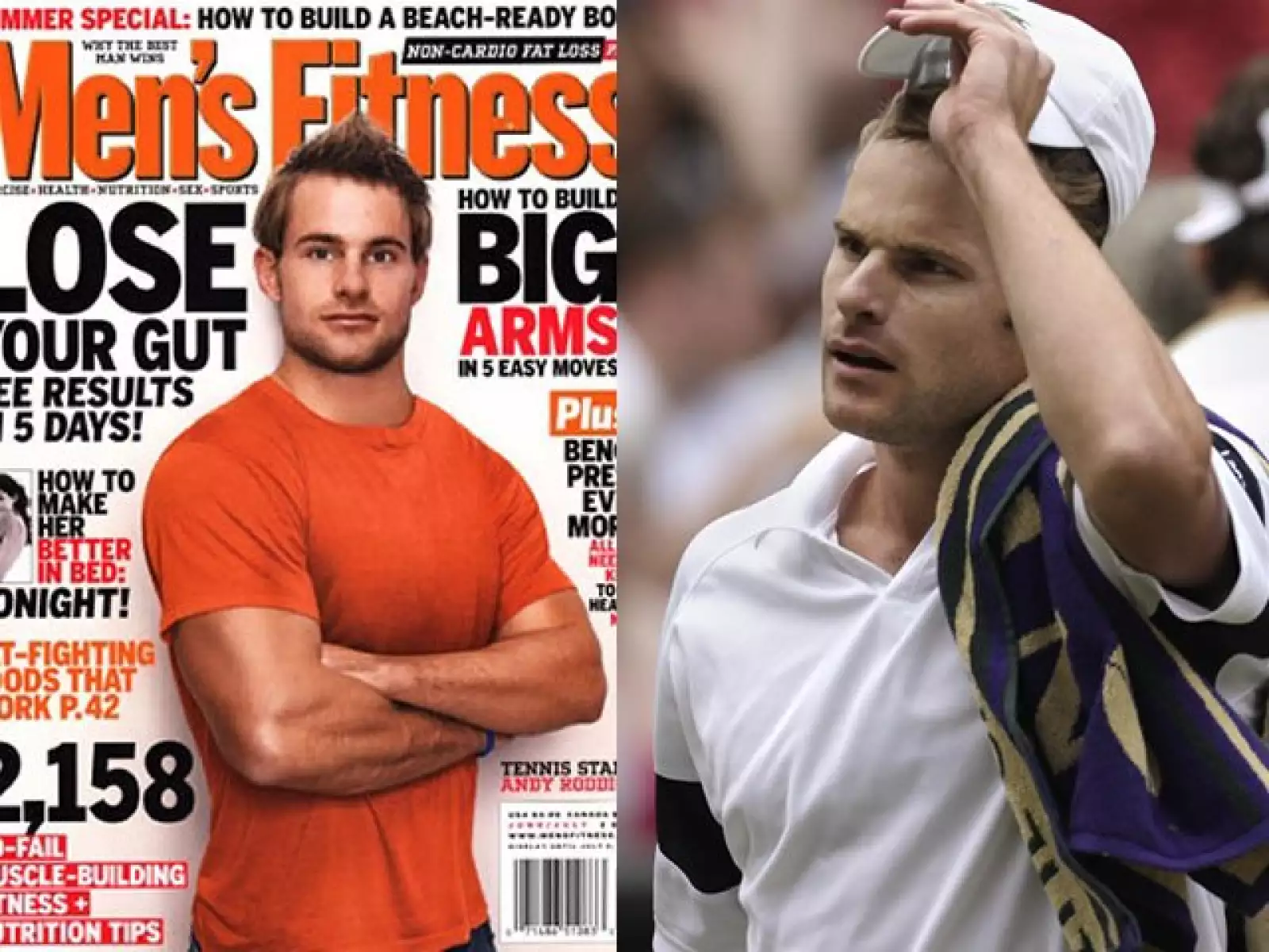 No sólo las mujeres se benefician. El tenista Andy Roddick `cambió´de brazos, mostrando una musculatura que en realidad no tiene. Prueba de ello es la segunda fotografía, donde su brazo no se parece en absoluto al de la revista. Incluso, el tenista bromeó