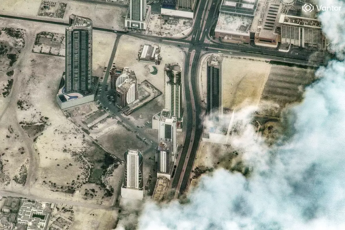 This handout satellite image courtesy of Vantor shows damage following a drone attack on a high-rise apartment building in Bahrain's capital Manama on March 2, 2026.