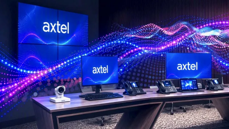 Un cuarto con computadoras en sus pantallas con el logo de Axtel. 