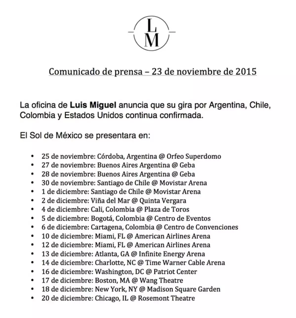 Estas son las fechas de las próximas fechas de Luis Miguel.