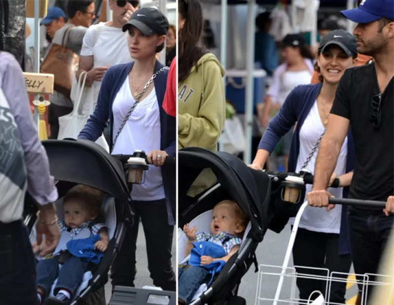 La actriz de 31 años y Benjamin Millepied fueron fotografiados mientras caminaban por un mercado de Los Ángeles acompañados de su pequeño Aleph.