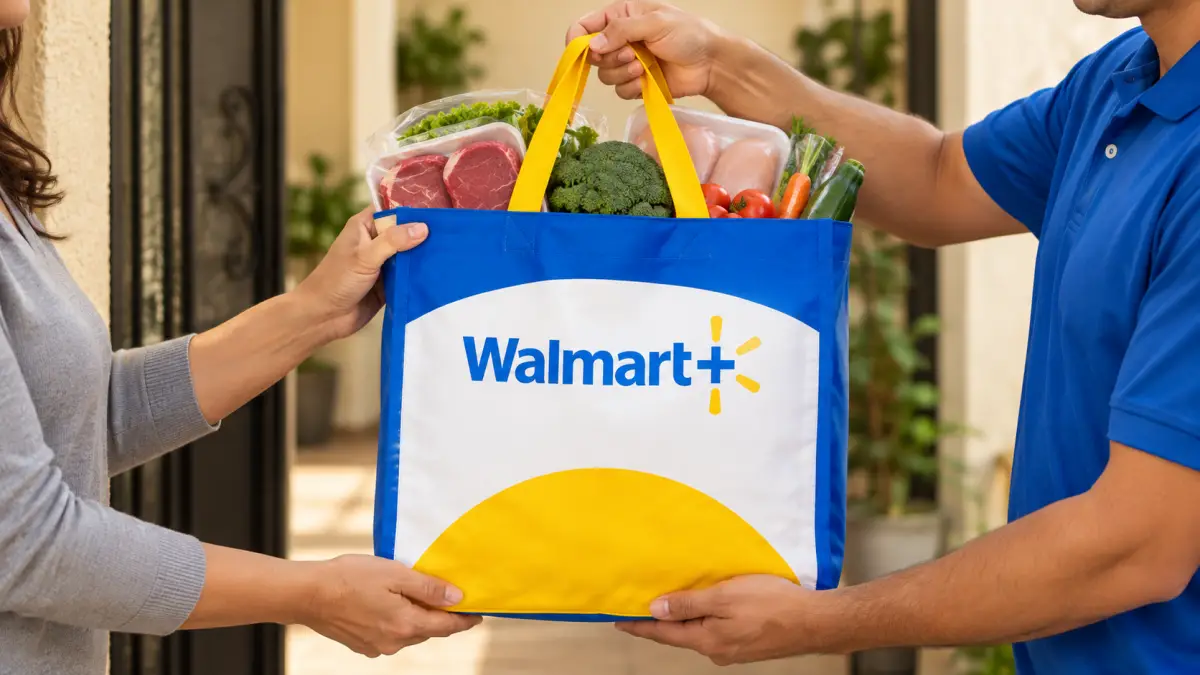 Una persona recibe una bolsa de mandado de Walmart+ en la entrada de una vivienda. La bolsa azul y blanca muestra el logotipo de la membresía y contiene productos frescos como carne, brócoli, jitomates y otras verduras. Un repartidor con uniforme azul sostiene la bolsa mientras el cliente la recibe. La imagen representa la entrega de compras de supermercado a domicilio a través de los canales digitales de Walmart.