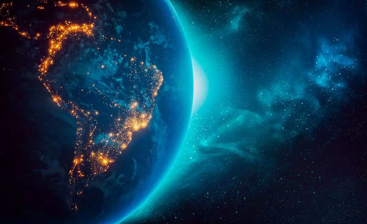 Luces de la ciudad de los continentes de América del Sur por la noche desde la ilustración de representación 3D del espacio exterior