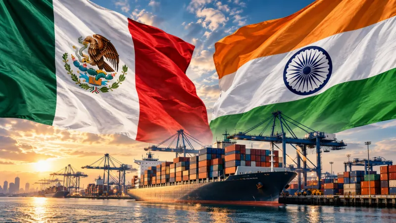 Fotoarte con las banderas de México e India sobre un puerto con un buque de carga, contenedores y grúas, como representación del comercio bilateral.