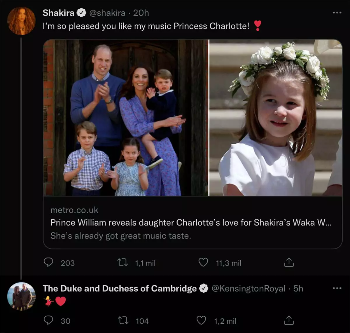 Shakira manda mensaje a la princesa Charlotte