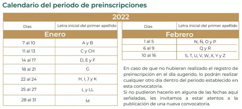 Calendario de preinscripciones 2022