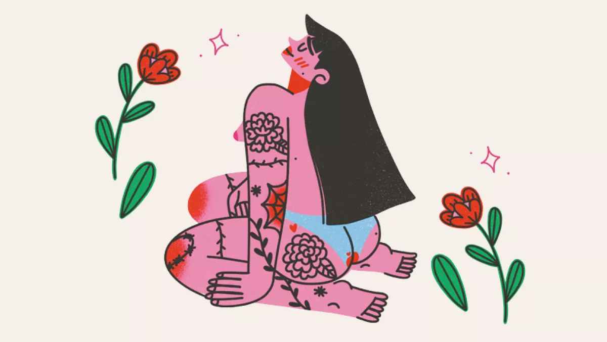 Ilustración de Paulyna Ardilla de una mujer de cabello largo sentada sobre sus rodillas y flore alrededor