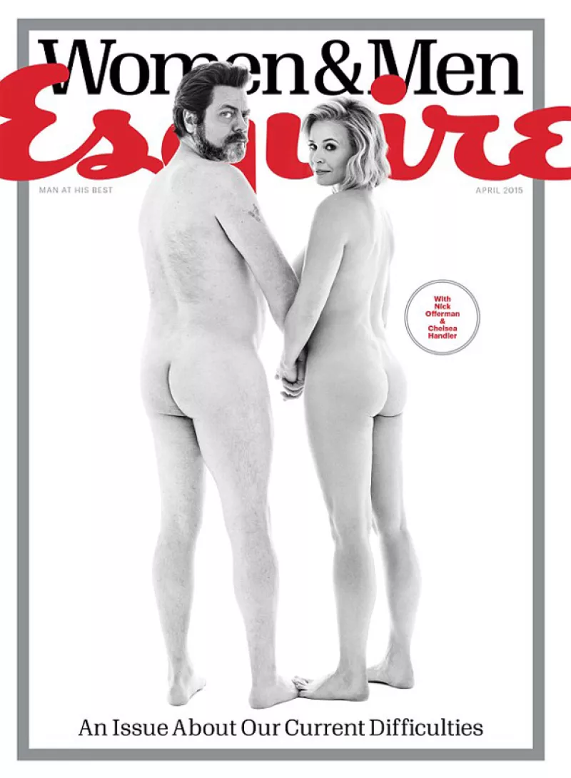 La comediante posó desnuda de la mano del actor Nick Offerman para Esquire, imitando una portada de Rolling Stone de los años 60 que hicieron famoso a John Lennon y a su pareja.