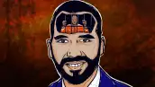 Ilustración de del presidente salvadoreño Nayib Bukele, un. hombre de cabello negro y barba de candado, con un prisionero en una celda vestido de naranja en la frente.