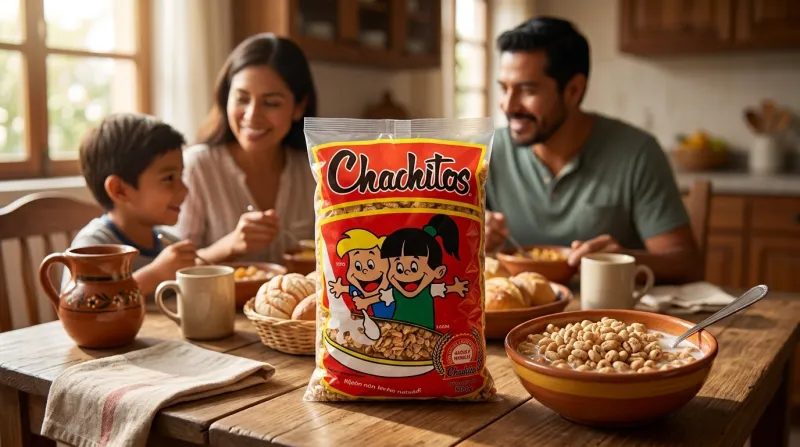 Familia mexicana durante el desayuno, consumiendo el tradicional cereal Chachitos, originario de Chihuahua.