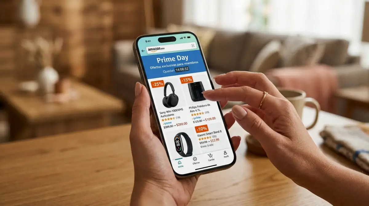 Manos sosteniendo un iPhone con la página de ofertas de Amazon abierta, donde aparece la leyenda “Prime Day” y productos con descuentos de 25%, 15% y 10%.