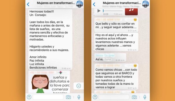 La interacción entre las integrantes no debe descuidarse. Constantemente todas deben estar alimentando el chat con mensajes de ánimo, superación y positivismo. De lo contrario se le llamará la atención a quién no lo haga, dice la filosofía del esquema.