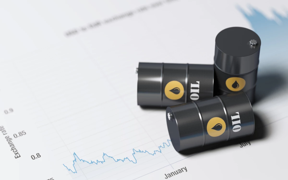 Blue Financial Chart and Tiny Oil Barrels : Global Oil Price Concept