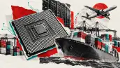 Fotoarte editorial sobre inteligencia artificial y comercio mundial, con un microchip, un buque portacontenedores, grúas, servidores y un avión.