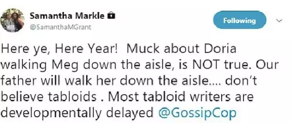 Smantha Markle dice que será su papá quien lleve a Meghan al altar